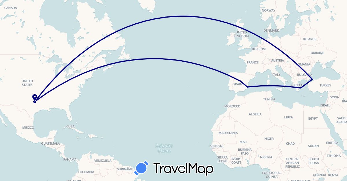 TravelMap itinerary: driving in Spain, Greece, Turkey, United States (Asia, Europe, North America)